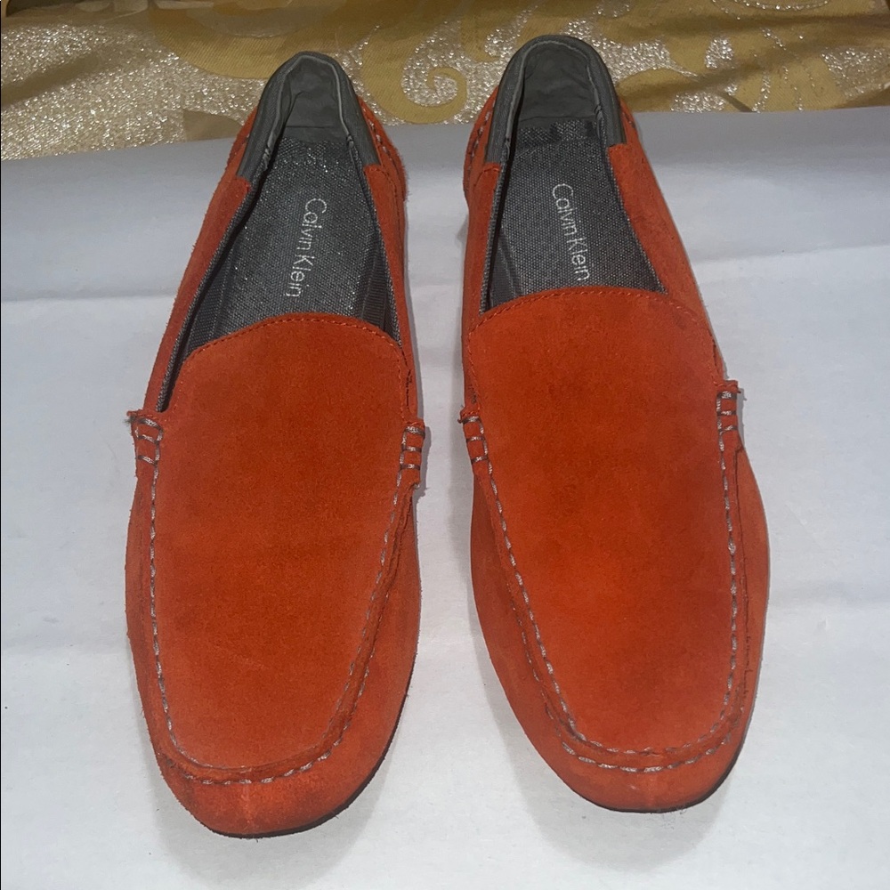 Calvin Klein Maverick Men’s 11.5 Orange Suede Driving Loafers Slip On Shoes EUC